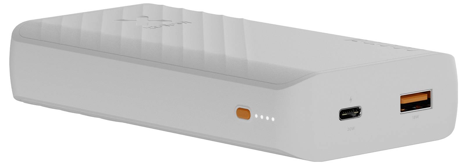 Hvid bærbar powerbank med USB-C-indgang, USB-A-udgang og LED-ladeindikatorlys på forsiden