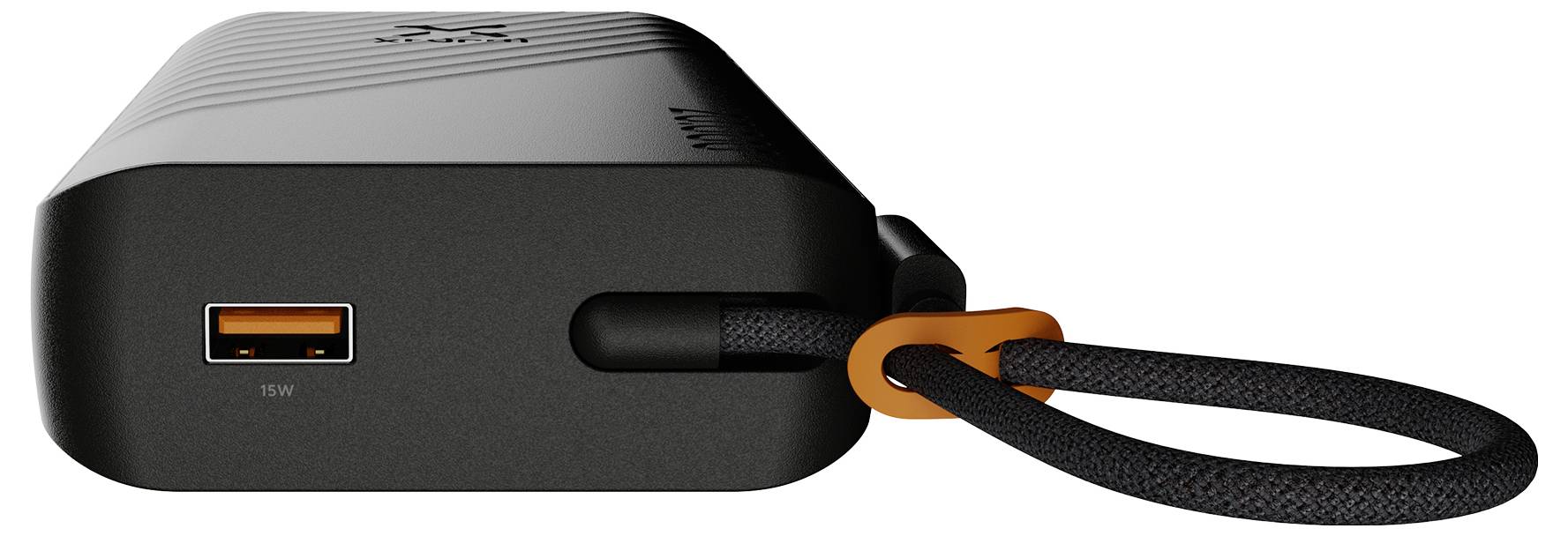 Sort bærbar powerbank med USB-A-port og medfølgende flettet stropcabel på hvid baggrund