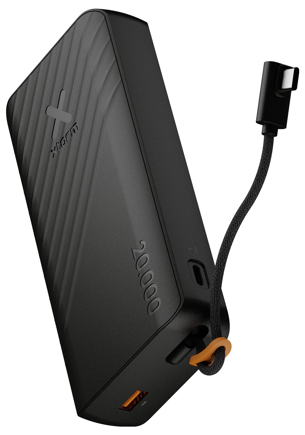 Sort bærbar powerbank med integreret flettet opladningskabel og USB-C-stik, skråtview viser side-USB-port og orange accent