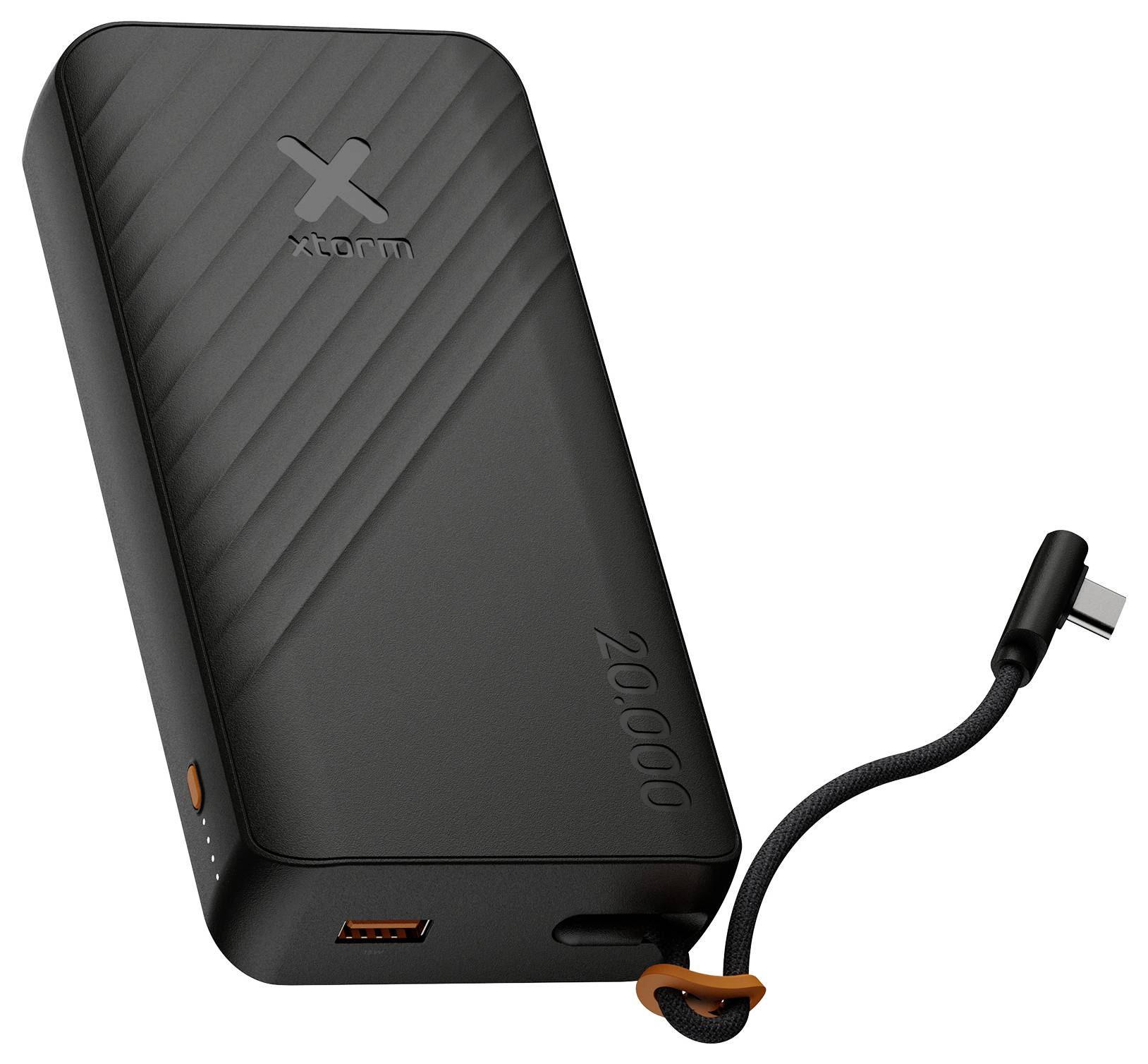 Black Xtorm powerbank med 20.000 mAh kapacitet vist med integreret USB-C-kabel og USB-A-port.