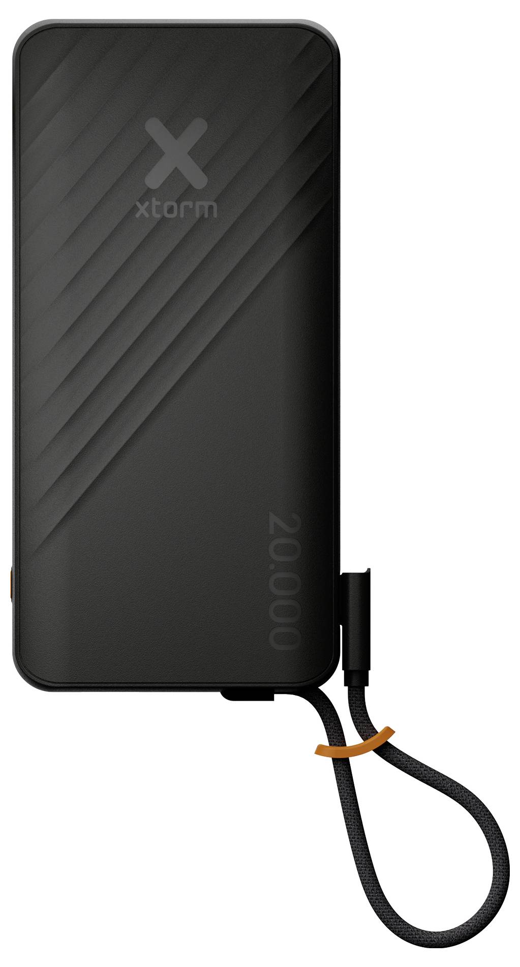 Black Xtorm 20.000 mAh powerbank med tilsluttet opladningskabel og håndledsrem.