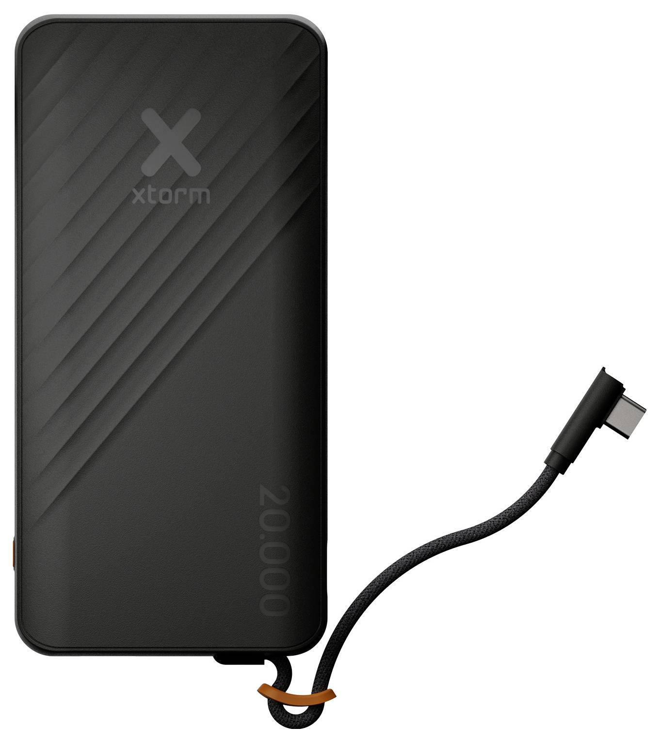 Black Xtorm 20.000 mAh powerbank med tilsluttet USB-C opladningskabel på hvid baggrund.