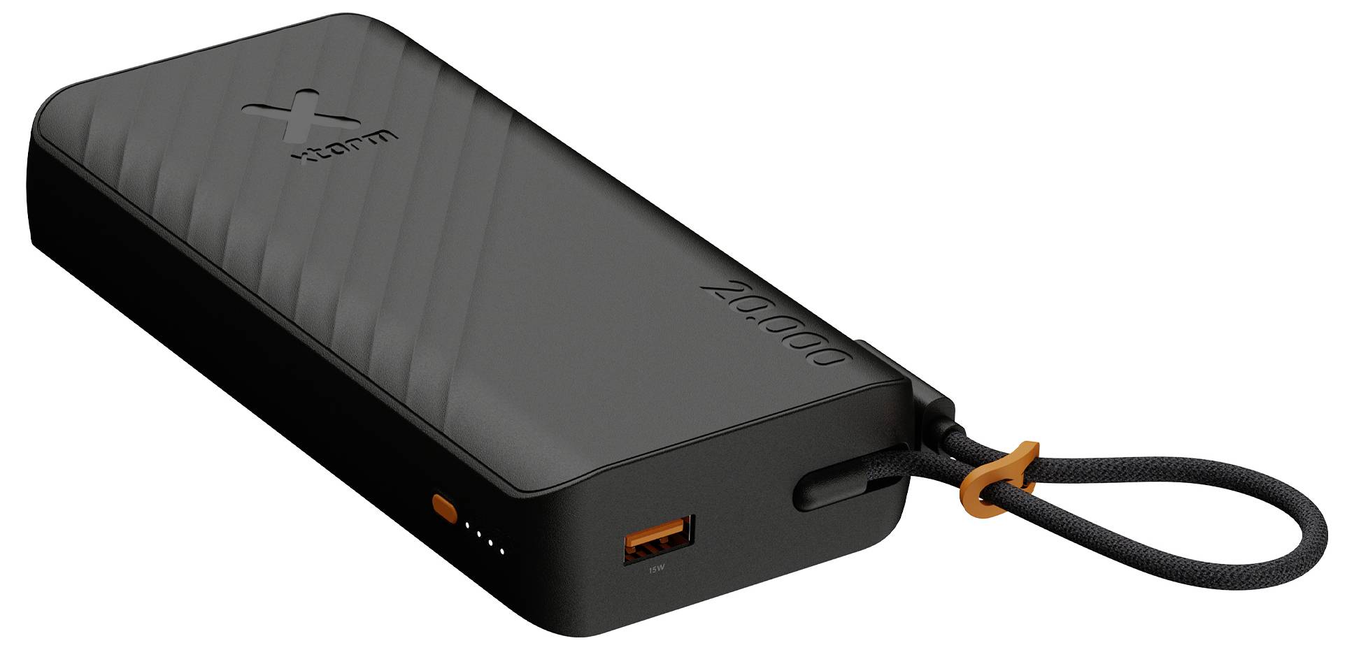Sort bærbar powerbank med flettet bånd, USB-port og fire batteriindikatorer på hvid baggrund.