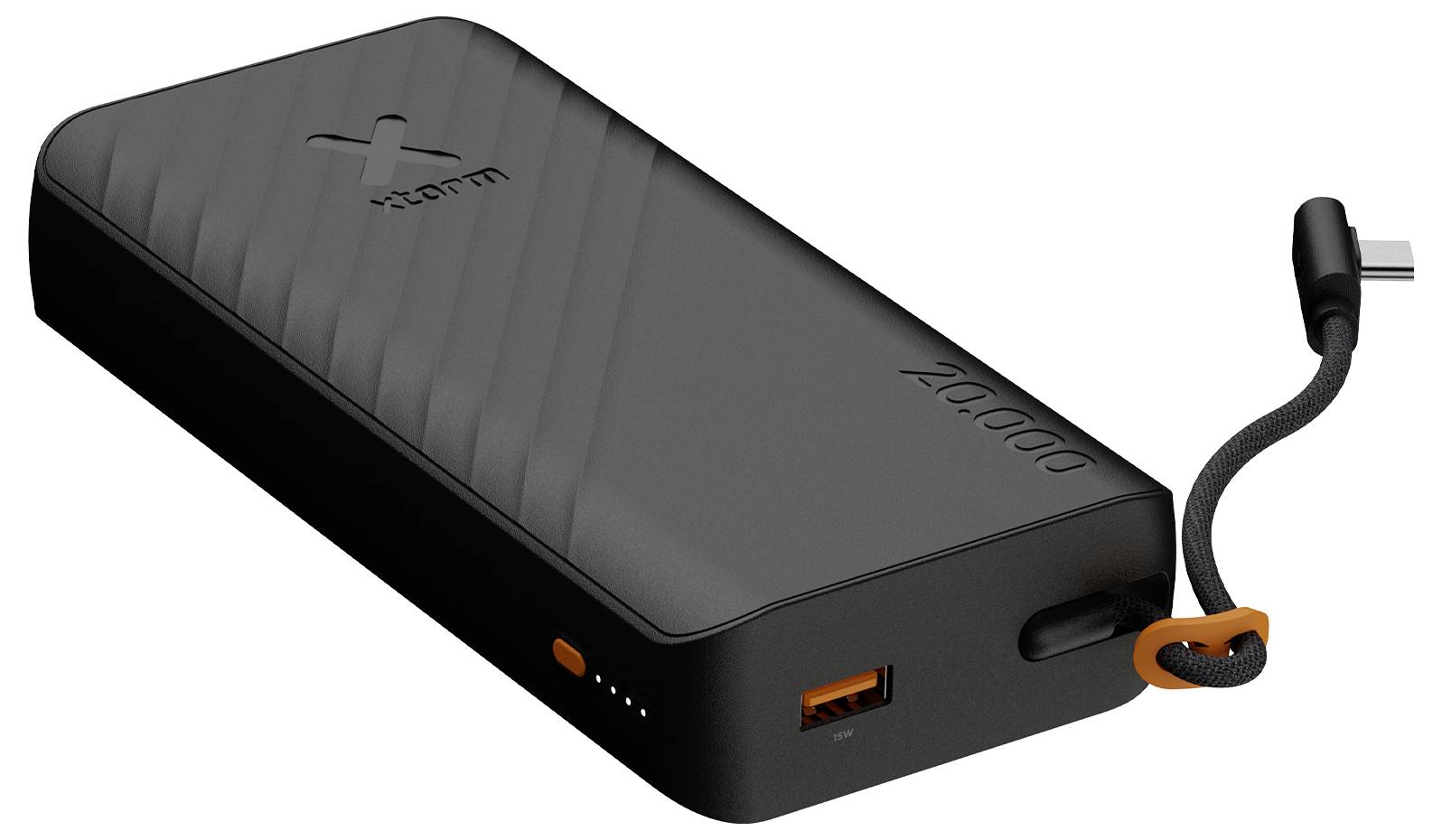 Sort bærbar powerbank med integreret USB-C-kabel, USB-A-port og batteriindikatorblink