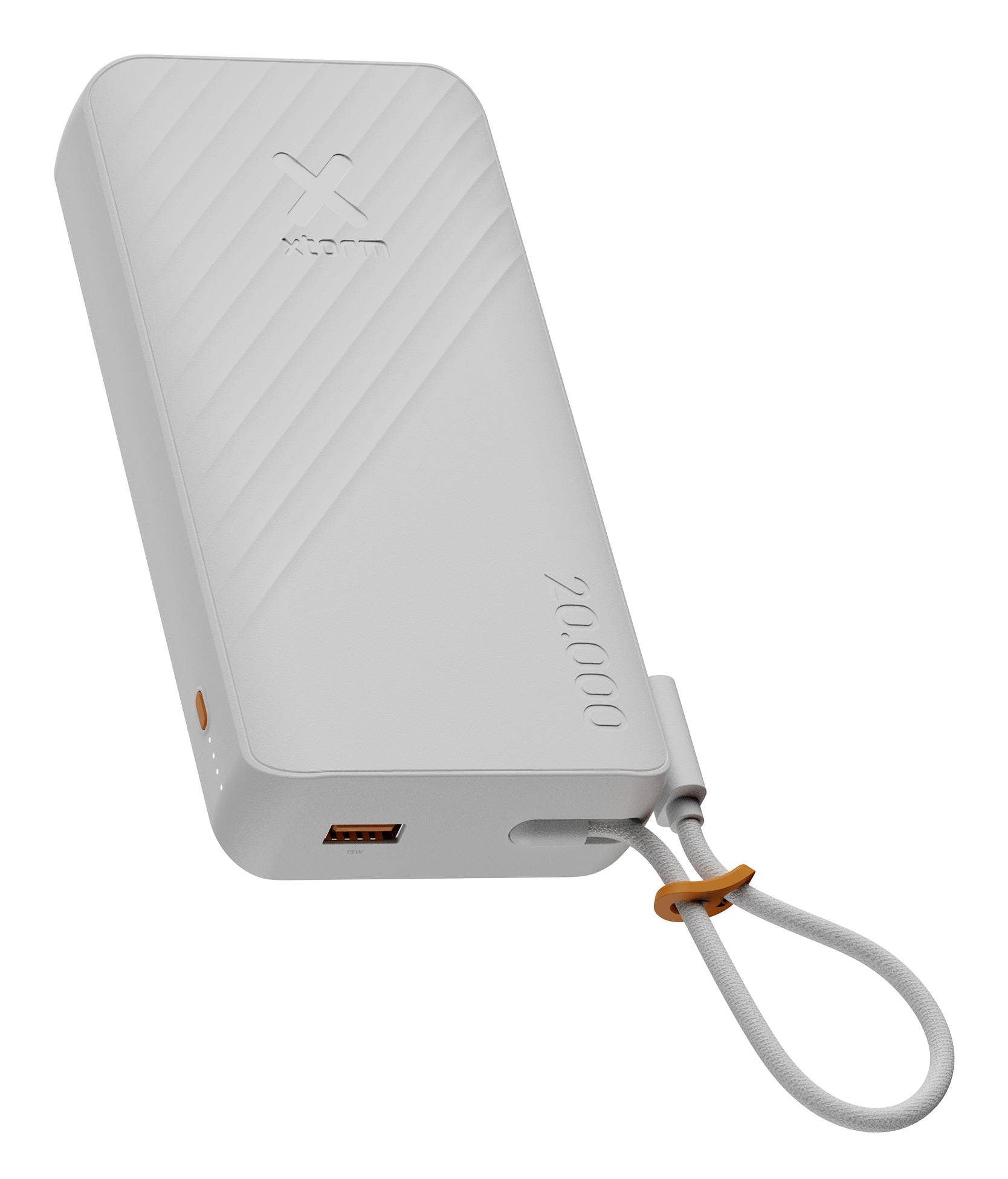 Lys grå bærbar lader eller powerbank med tilhørende grå øsken og orange accenter, vist i en vinkel på hvid baggrund.