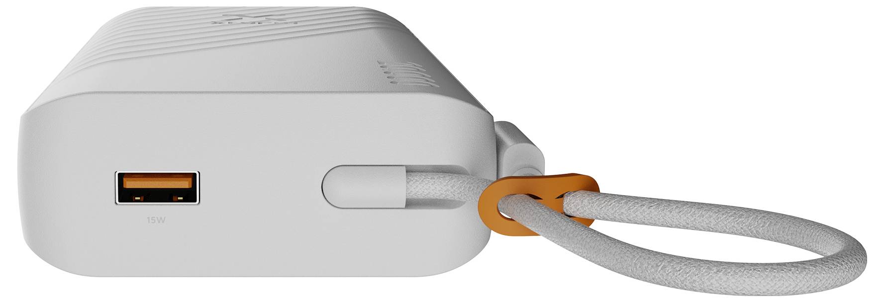 Closeup af en hvid bærbar enhed med en USB-A-port og en tilknyttet grå rem, der løber gennem en orange stik.