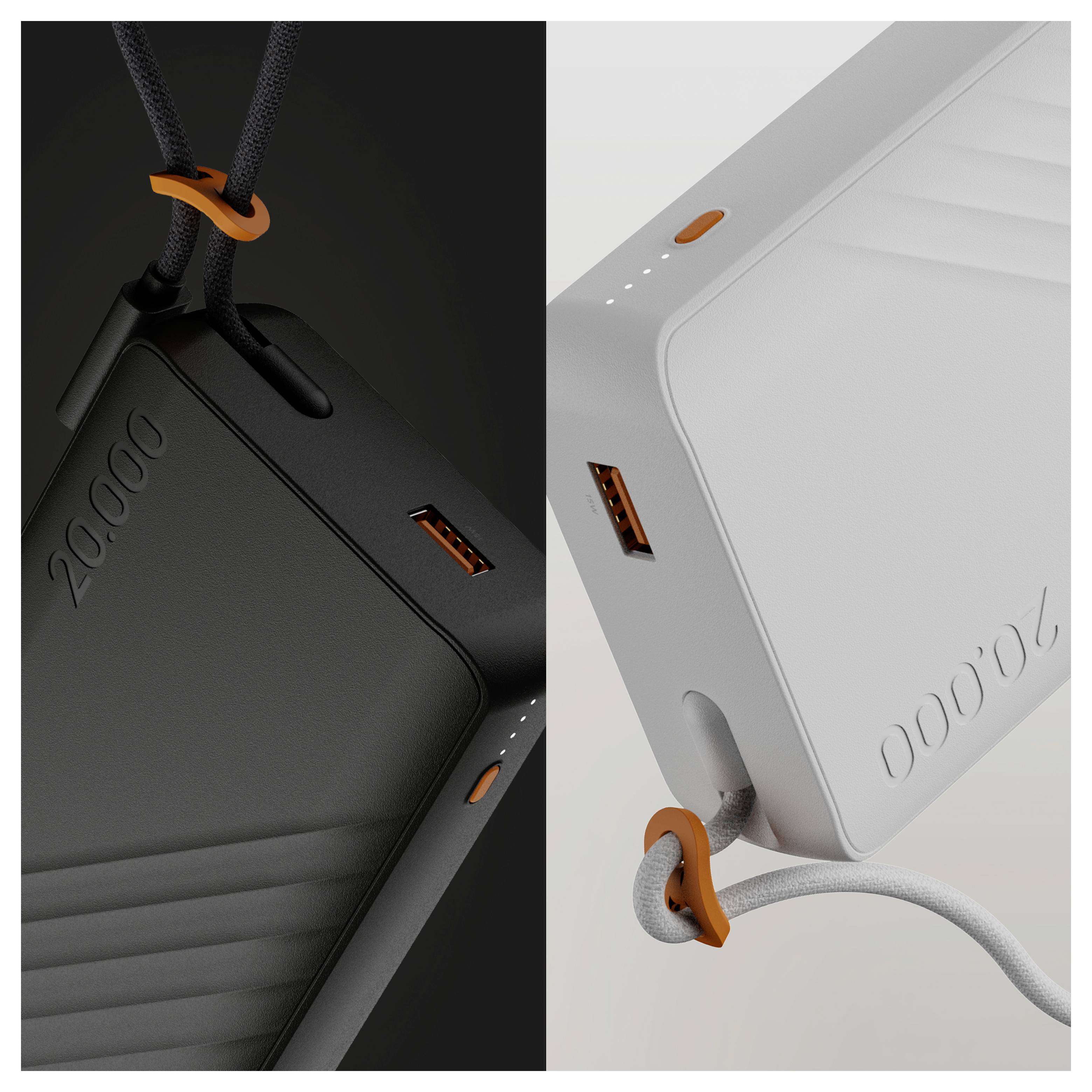 Split-view produktgengivelse af en 10.000 mAh bærbar powerbank i sort og hvid, der viser USB-port, opladningskabel og orange akcentløkke.