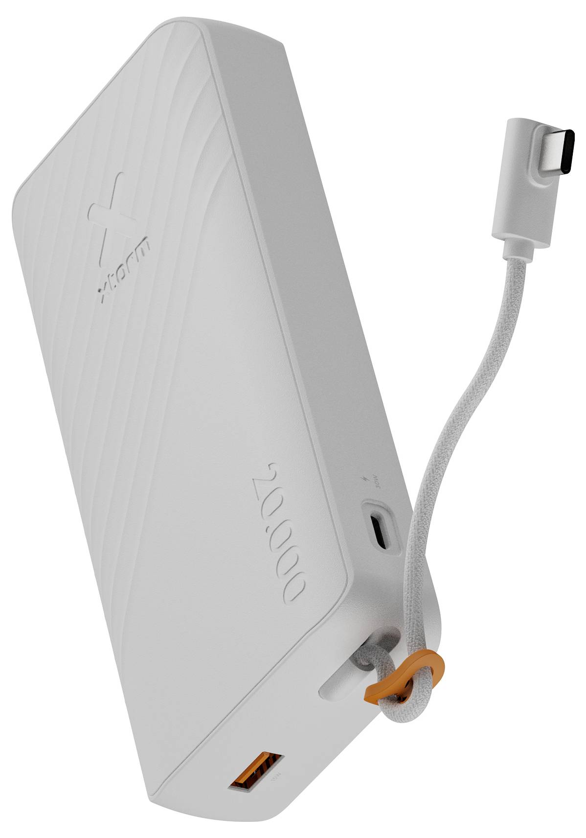 Hvid bærbar powerbank med tilsluttet opladningskabel og USB-C-stik, vist i et produktstiliseret billede.