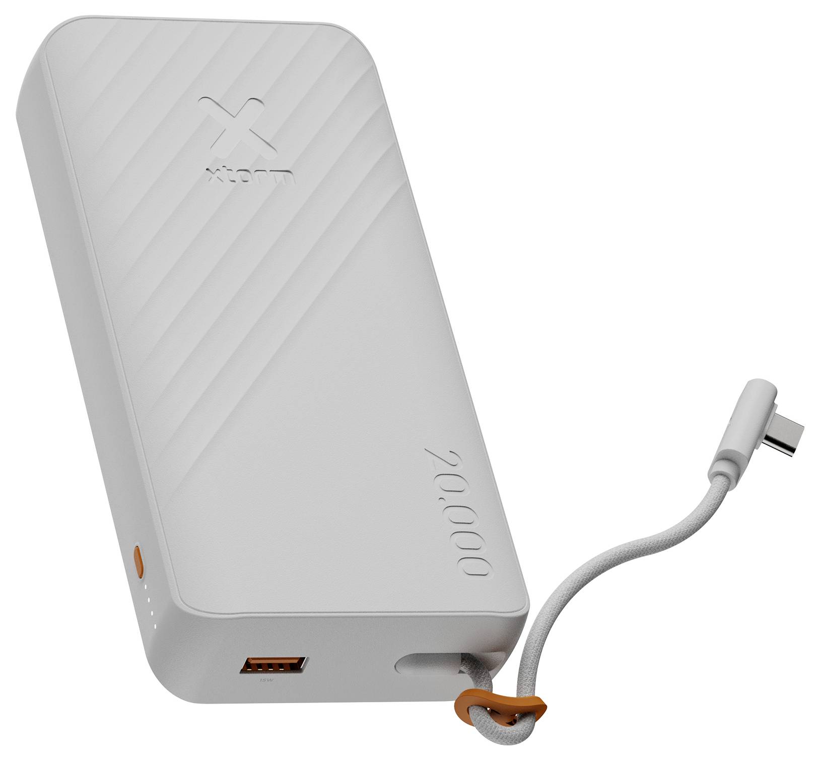 Hvid bærbar powerbank med integreret USB-C-kabel og orange USB-A-port, vist i vinkel på en ensfarveth baggrund.