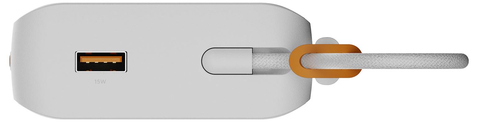 Nærbillede af en grå enhed med en USB-A-port og et tilsluttet kabel, der viser en tilslutningsgrænsefllade på siden.