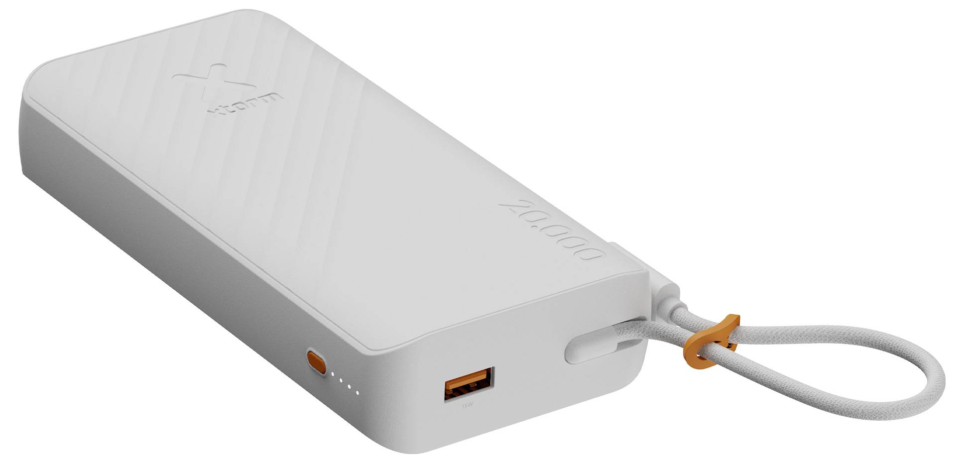Hvid bærbar powerbank med integreret kabel, der løber i en løkke i den ene ende, og en USB-port på siden, vist i en vinklet produktvisning.