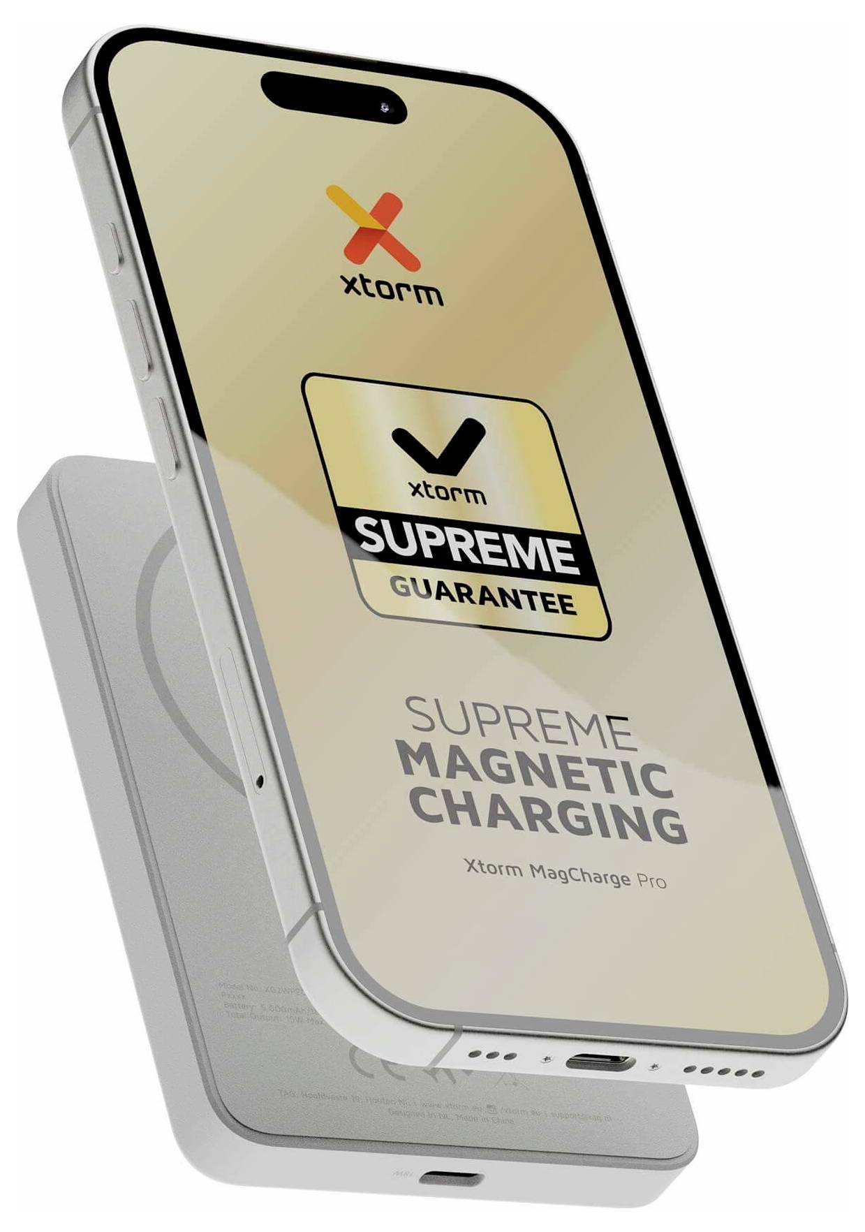 To Xstorm smartphone-etuis, det ene sølvfarvet og det andet guldfarvet, vist stablet oven på hinanden; front-etui viser "Supreme Guarantee" og "Supreme Magnetic Charging" til MagCharge Pro.