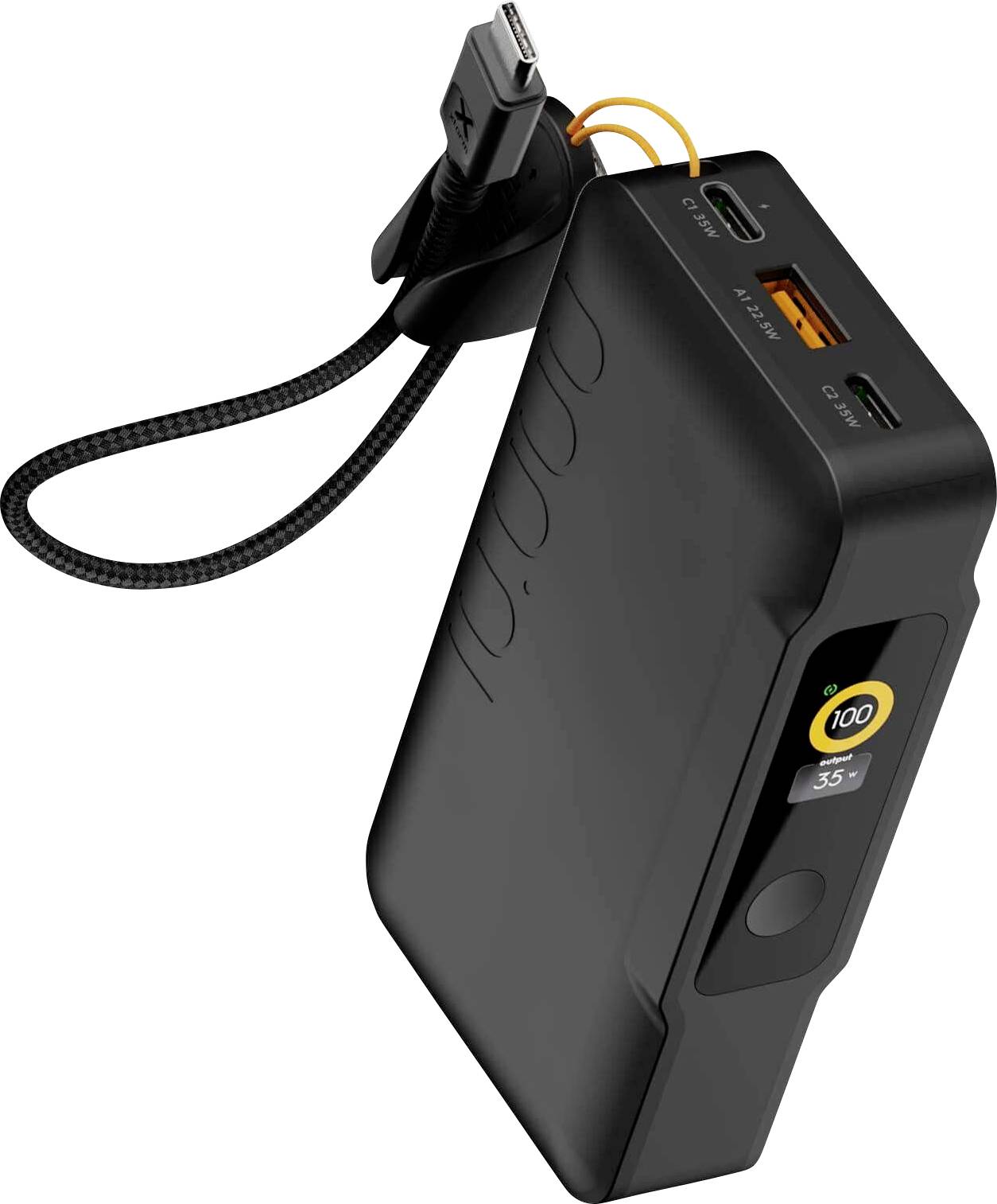 Bærbar sort powerbank med integreret opladningskabel, der viser USB-C, USB-A og batteristatusfremvisning.