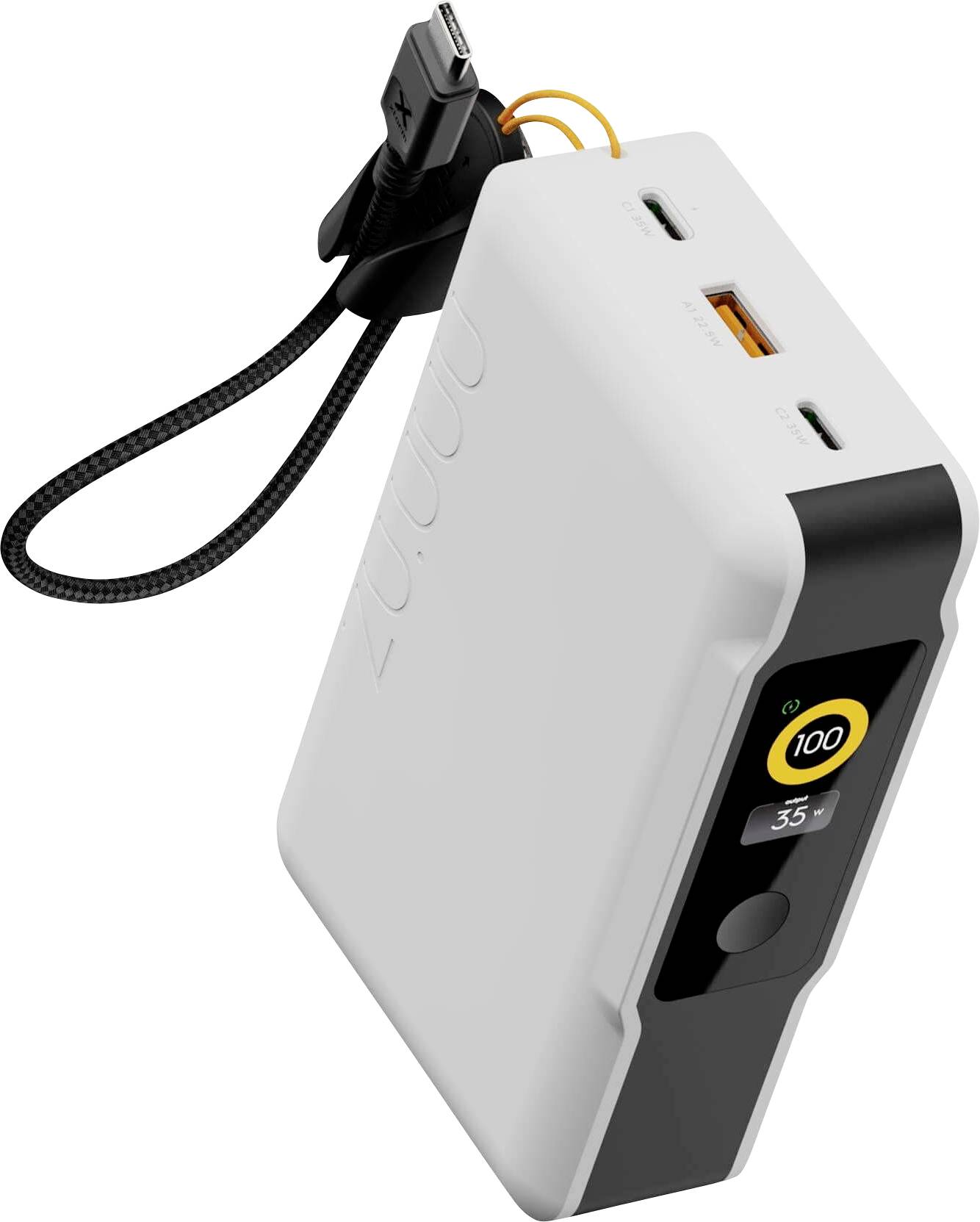 Bærbar hvid powerbank med tilsluttet kabel, digitalt batteriindikator og USB-porte vist i et produktstiliseret billede.