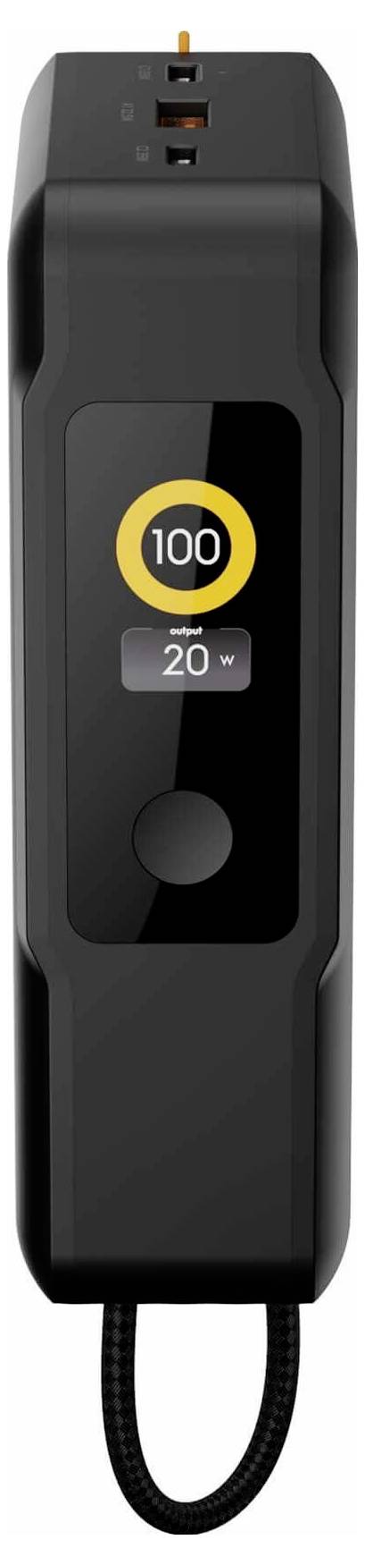 Sort håndholdt elektrisk enhed med display, der viser 100 og 20 W, og en ledningsløkke i bunden.