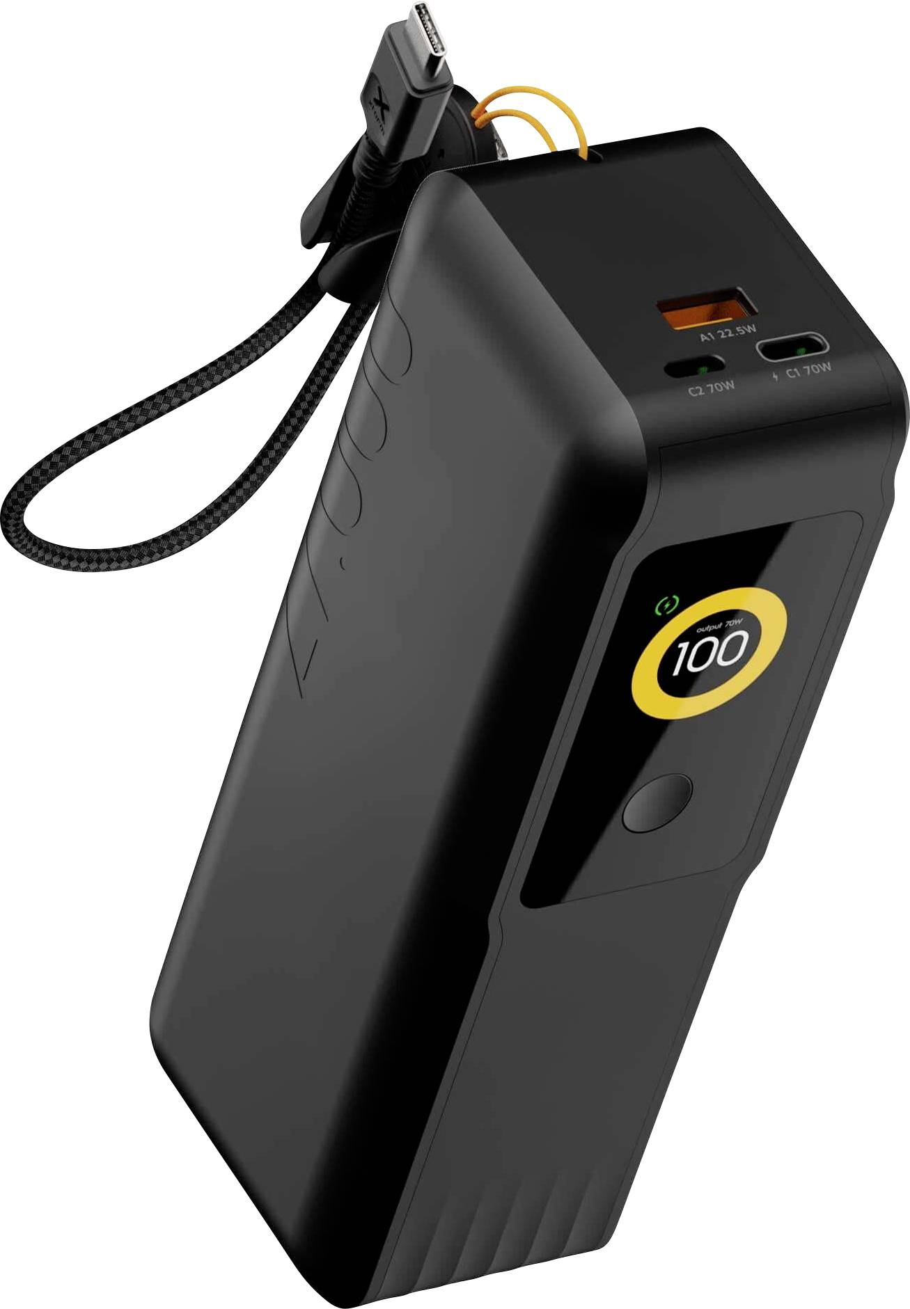 Bærbar sort powerbank med integreret USB-C-kabel og to udgangspor, der viser en 100% opladningindikator.