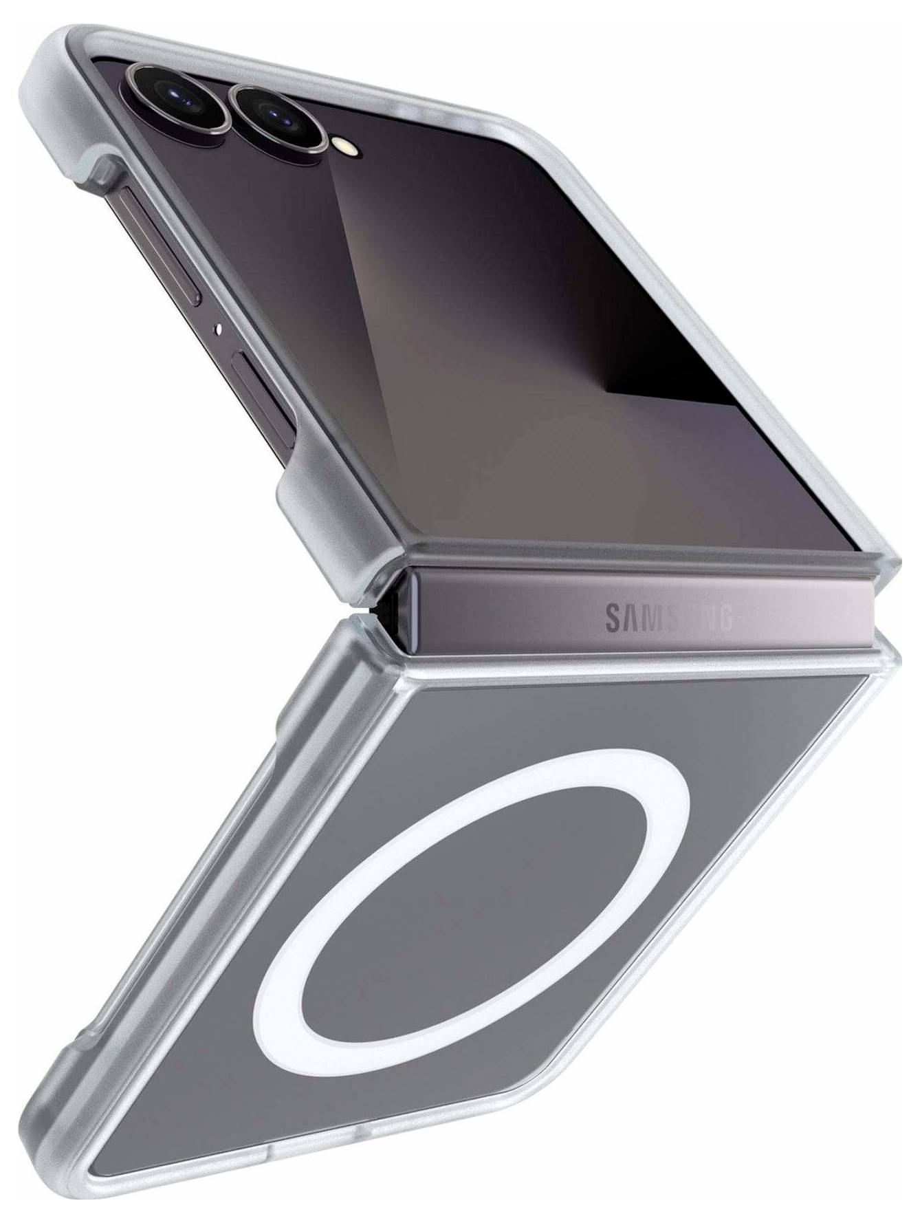 Sammenfoldelig Samsung-smartphone vist delvis åben, med bageste dobbelte kameraer og en cirkulær trådløs lademulighed-indikator på det nederste skærm.