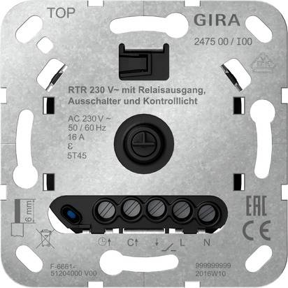 Metal Gira elektrisk switchmodul-frontplade mærket 'RTR 230 V~ med relaisudgang, afbryder og kontrollys' med terminalskruer og centralt rotationsreguleringselement.