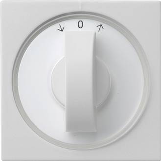 Hvid drejeknap på en firkantet plade, med '0' og piler, der angiver tænd/sluk-positioner.