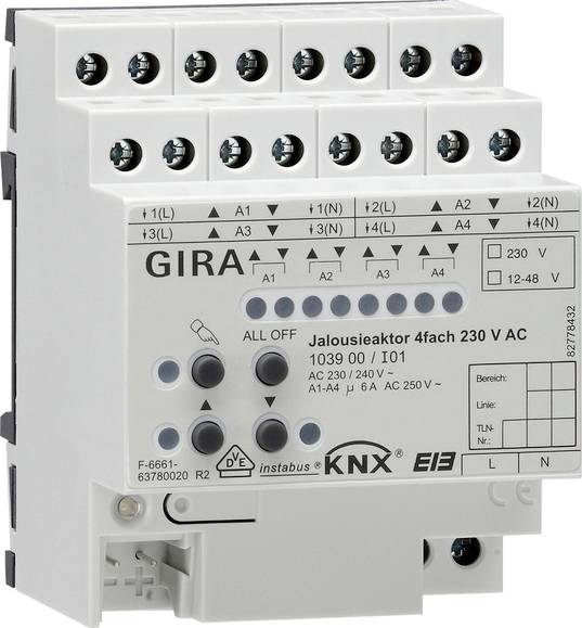 GIRA KNX 4-kanals 230V AC relæ aktuatormodul med mærkede terminaler, knapper og statusindikatorer på en hvid DIN-skinne-enhed.