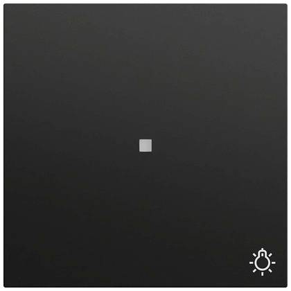 Mørk kvadratisk touchpanel med en lille oplyst centerindikator og et pæreikon i nederste højre hjørne, som antyder en belysningskontrolknap.