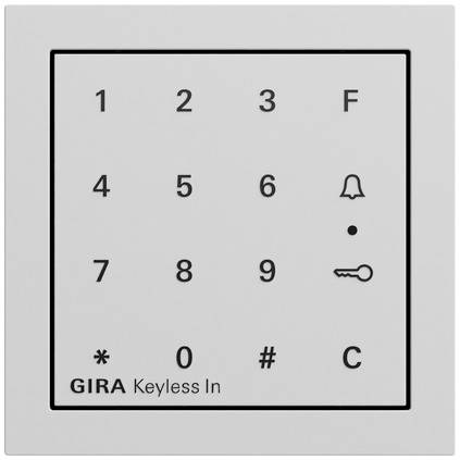 GIRA Keyless In adgangskontrol-tastatur med knapperne 1-9, 0, * og #, plus F, klokke, prik, nøgle og C funktionssymboler.
