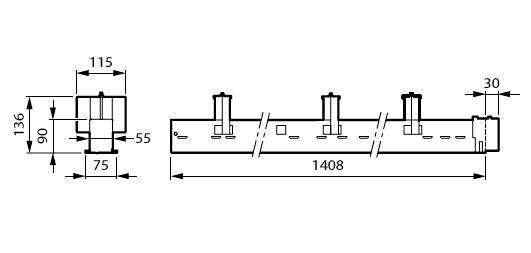 Teknisk tegning af en lang cylindrisk del med tre topmonteringsstolper, der viser vigtige dimensioner: 1408 længde, 136 højde, 115 bredde, 75 base, 55 forskydning og 30 slutbredde.