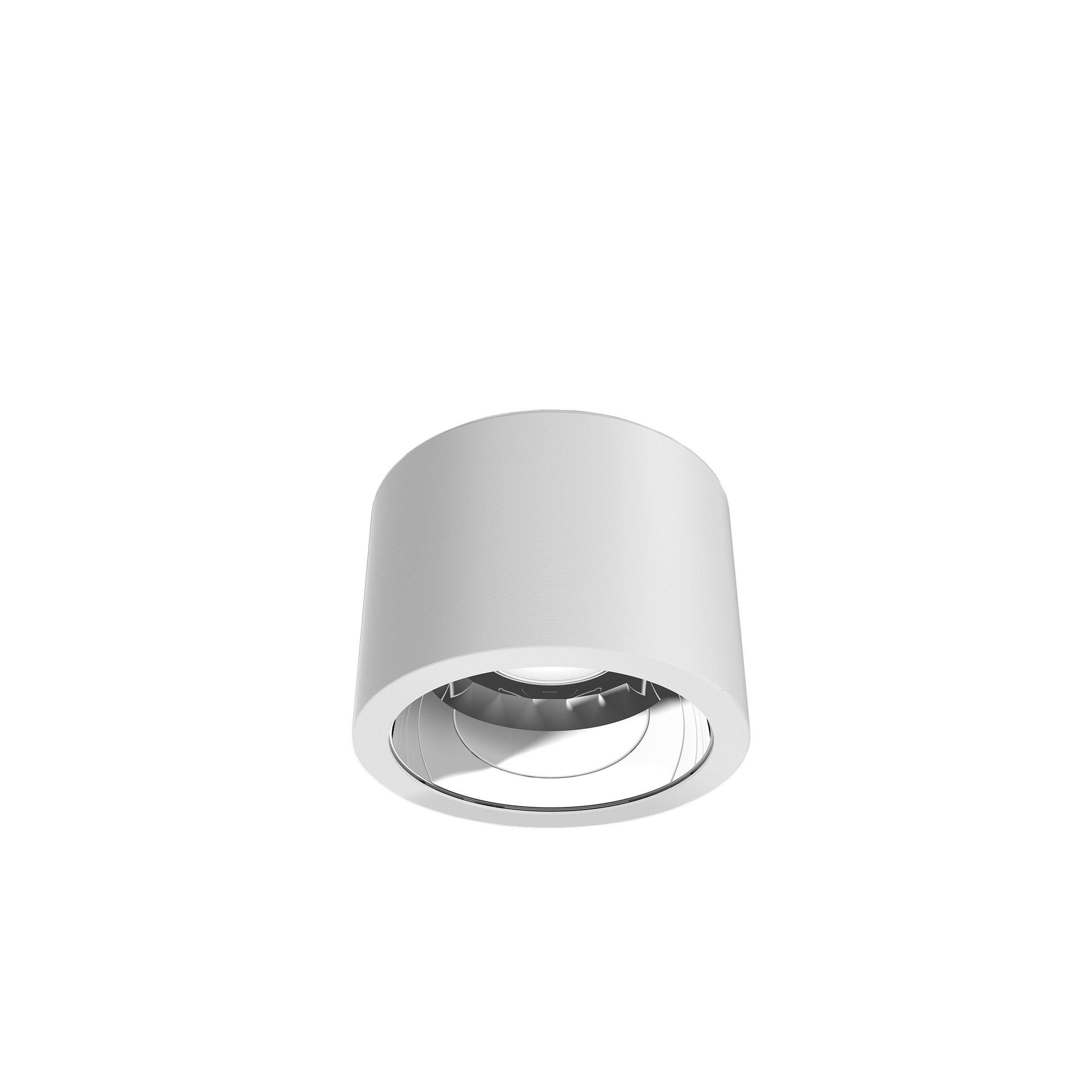 Hvid cylindrisk indbygningsspot til loft med en synlig reflekterende indre ring, vist på en blank baggrund.