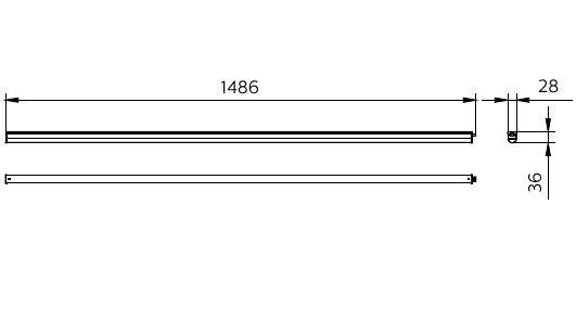 Teknisk tegning af en lang vandret stang eller rør, mærket 1486 mm lang, 28 mm bred og 36 mm høj, med detalje af endevisning til højre.