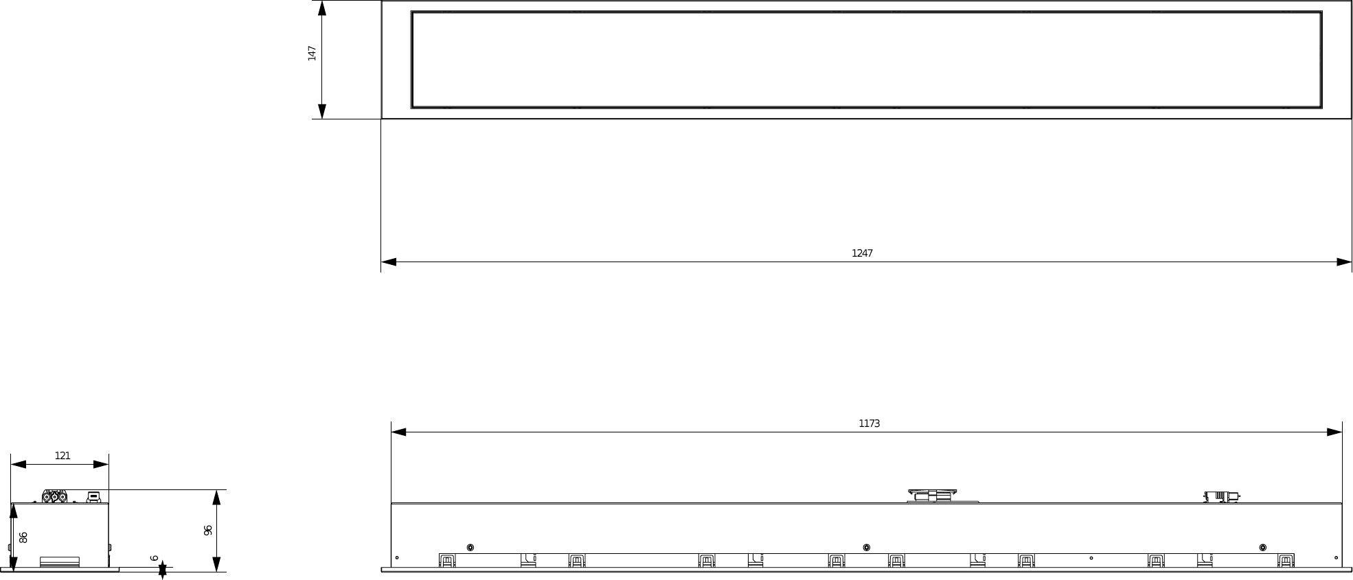 Teknisk tegning af et langt rektangulært panel med dimensionslinjer og måleangivelser, inklusiv mindre end- og sidevisninger for skala og layout.