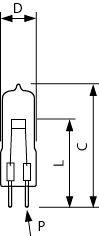 Teknisk dimensionstegning af en to-pin komponent, der viser bredde D, højde C, ledningslængde L og ben-afstand P med pile, der angiver målinger.