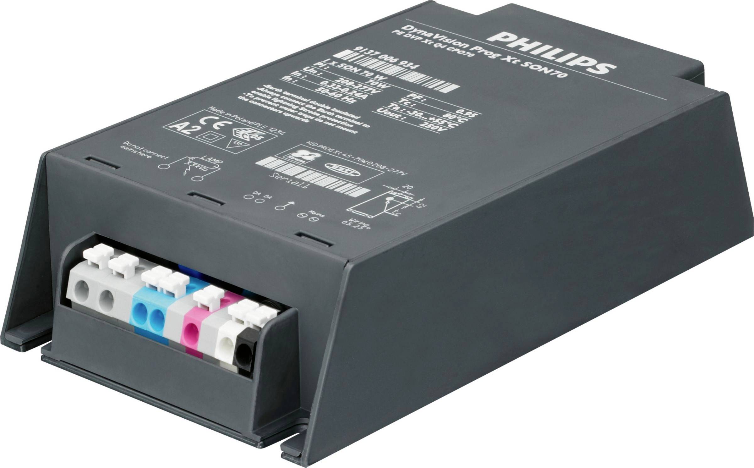 Et Philips elektronisk enhedsmodul med mærkede terminaler og farvede forbindelsesslitser, vist i et gråt rektangulært hus.