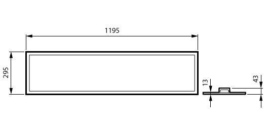 Teknisk tegning af et rektangulært panel: 1195 mm bredt, 295 mm højt, med en sideprofilvisning, der viser 13 mm tykkelse og en 43 mm trindetelje.