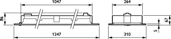 Teknisk dimensionstegning af en rektangulær del med side- og frontvisninger, som viser målene 1047, 1247, 264, 310, 86, 67 og 5.