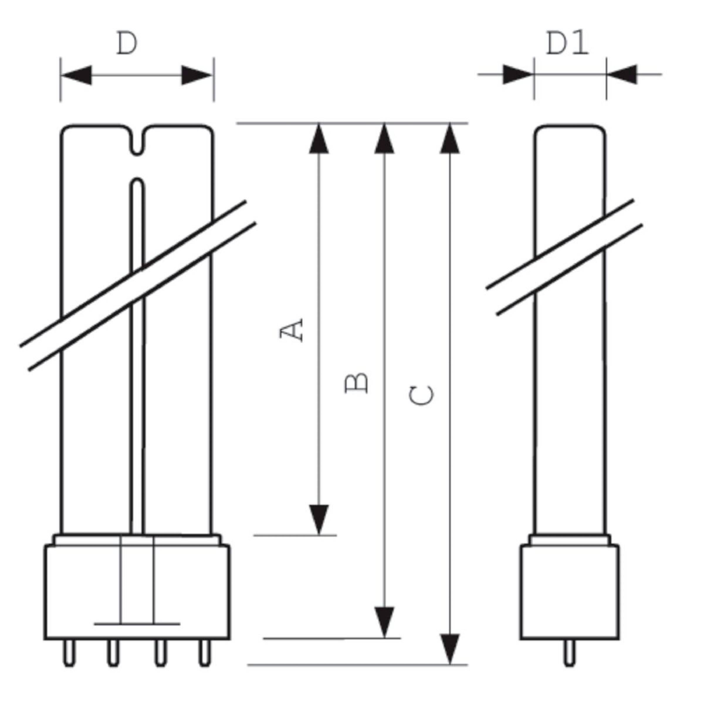 Teknisk diagram af en vertikal komponent med dimensionspile mærket D, D1, A, B og C, som viser bredde- og højdemålinger.