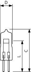 Dimensionstegning af en elektronisk komponent med to ben, der viser bredde D og lodrette dimensioner L og C med pil.