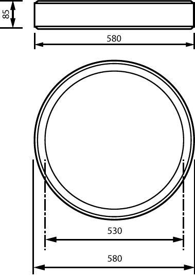 Teknisk tegning af en rund genstand med side- og frontvisninger, mærket 580 mm bred, 85 mm høj og 530 mm indvendig diameter.