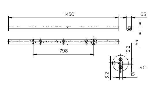 Teknisk tegning af en 1450 mm lang lineær stang med borede huller og en cirkulær enddetalje, der viser dimensioner og hulafstand.