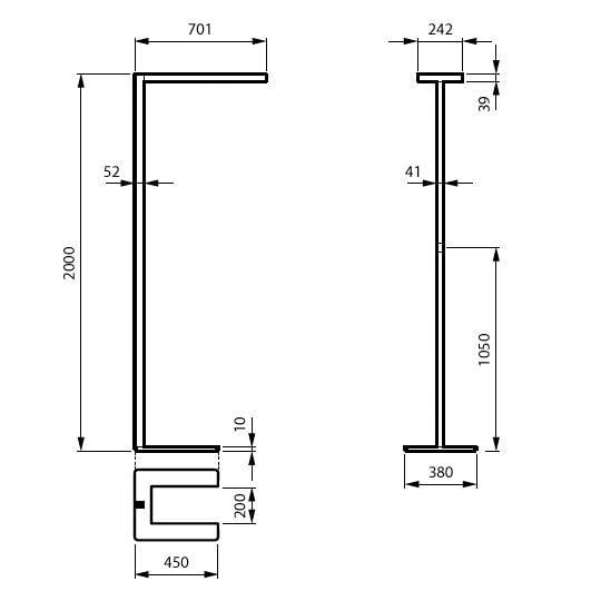 Teknisk dimensionstegning af en metalprofil, der viser side- og frontalvisninger med mål 2000, 701, 242, 1050, 450, 380, 52, 41, 39 og 10.
