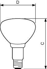 Diagram af en lyspære med dimensionspile, der viser bredden D på tværs af toppen og højden C på højre side.