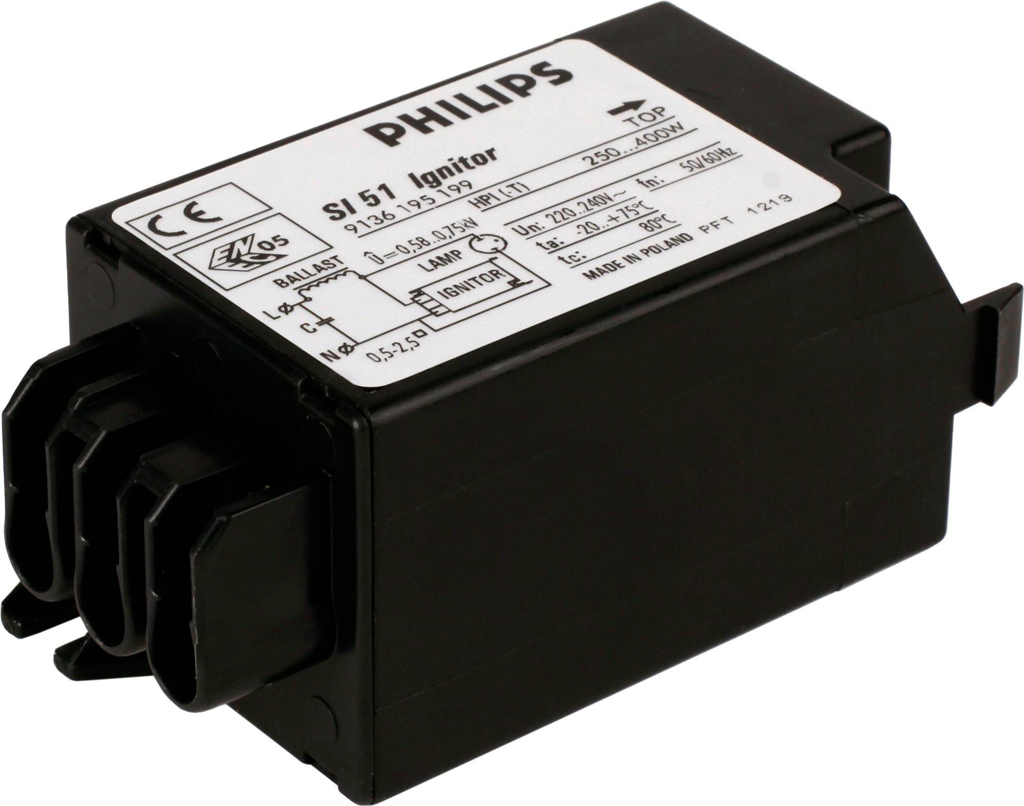 Sort Philips SI 53 tænder elektrisk modul med mærket elektriske terminaler på en hvid etiket.