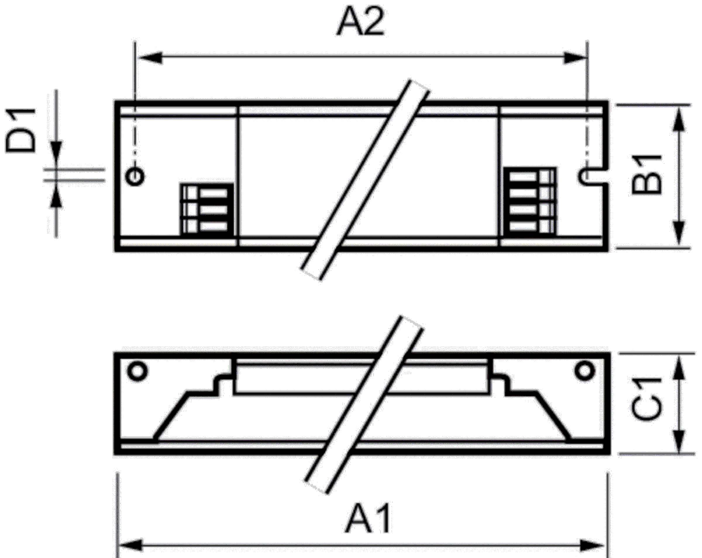 Teknisk dimensioneret diagram af en rektangulær mekanisk del vist i front- og sideview, mærket A1, A2, B1, C1 og D1 med målpile.