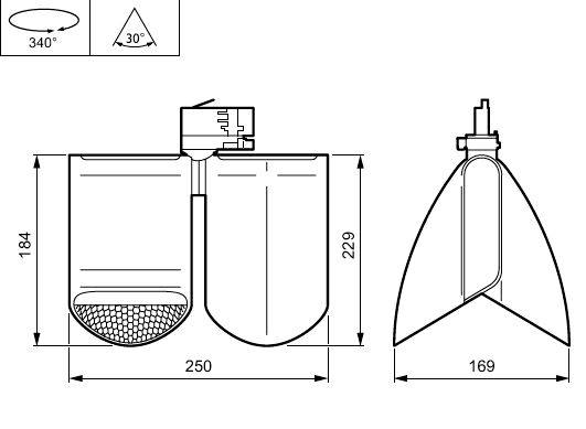 Teknisk tegning af en todelt industriel komponent, der viser front- og sidevisninger med dimensioner på 250, 184, 229 og 169, plus rotationsvinkler på 340° og 30°.