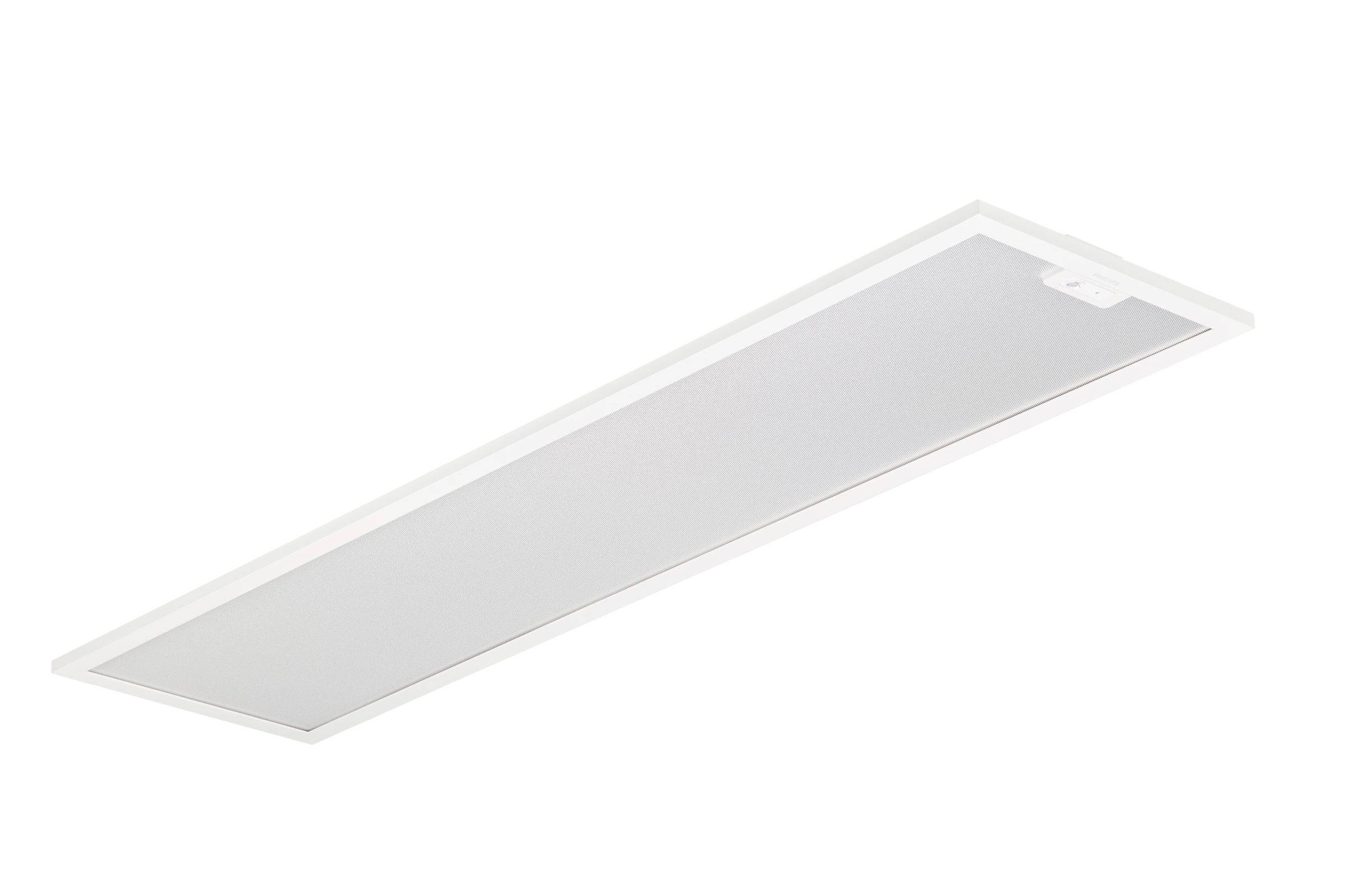 Rektangulær hvid LED-loftlysepanel, vist i en vinkel på en ensfarvet hvid baggrund.