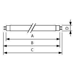 Teknisk diagram af en cylindrisk lampe eller rør med dimensionspile mærket A, B, C for længde og D for diameter.