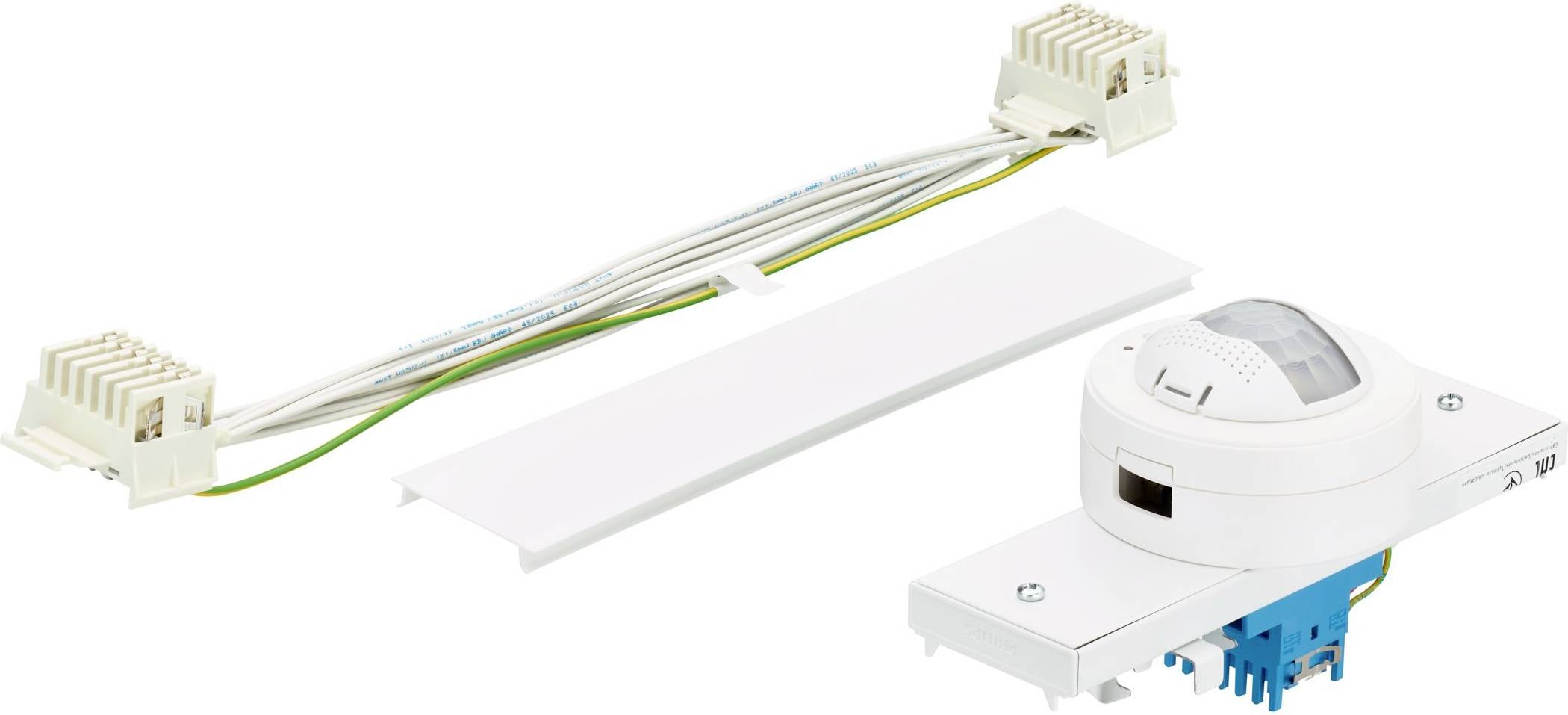Hvid elektrisk sensor-/belysningssamling med terminalblokke, ledninger og et langt dækpanel vist på hvid baggrund.