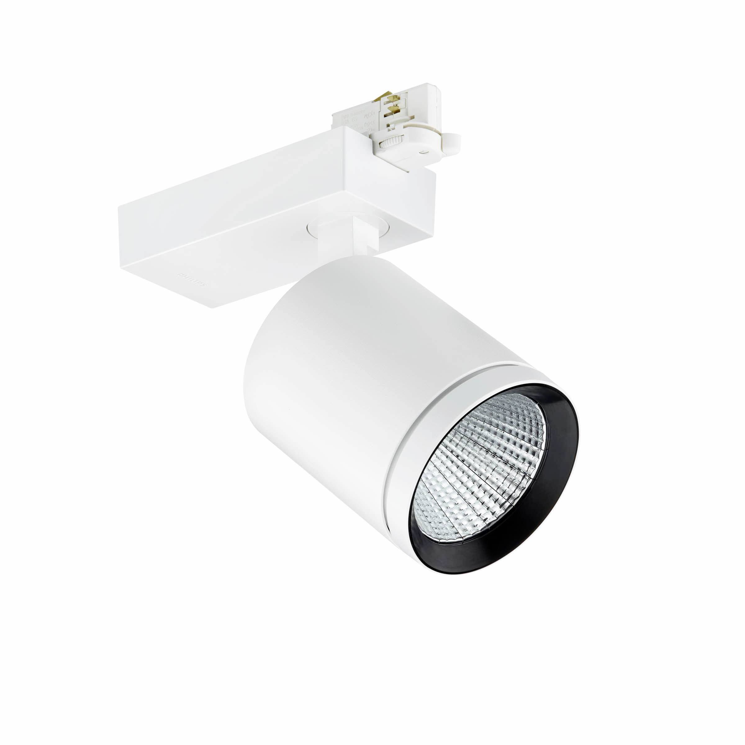 Hvidt justerbart spotskinne-monteret spotlight med cylindrisk lampehoved og sort-kantet LED-linse på hvid baggrund.