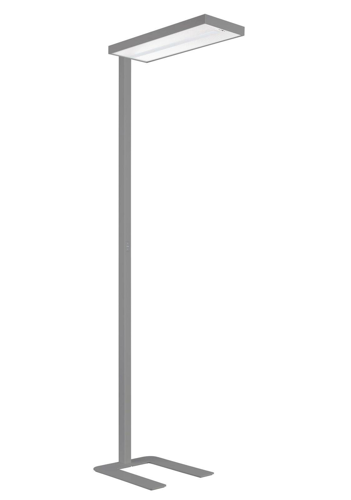 Moderne grå gulvlampe med en høj, smal pæl og rektangulær lysarmatur på en hvid baggrund.
