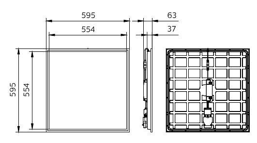 Teknisk tegning af et kvadratisk panel eller ventil, der viser front-, side- og bagsigtninger med dimensioner på 595, 554, 63 og 37 mm.