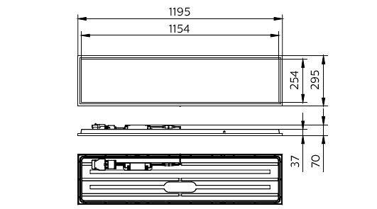 Teknisk tegning af en rektangulær ramme med tre visninger, der viser dimensionerne 1195, 1154, 295, 254, 70 og 37.